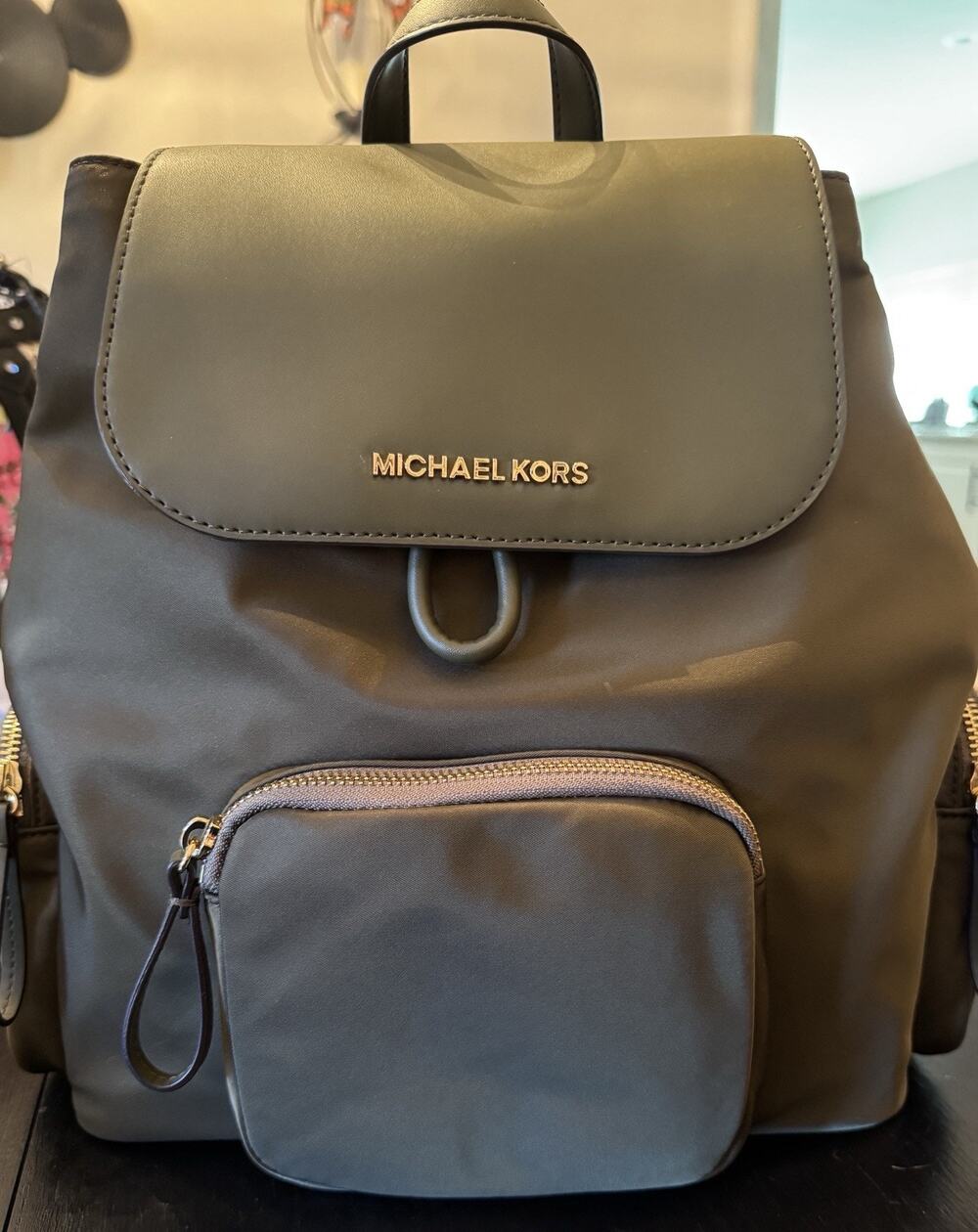 NWT Michael Kors Abbey Cargo Backpack Olive Green Nylon And Leather